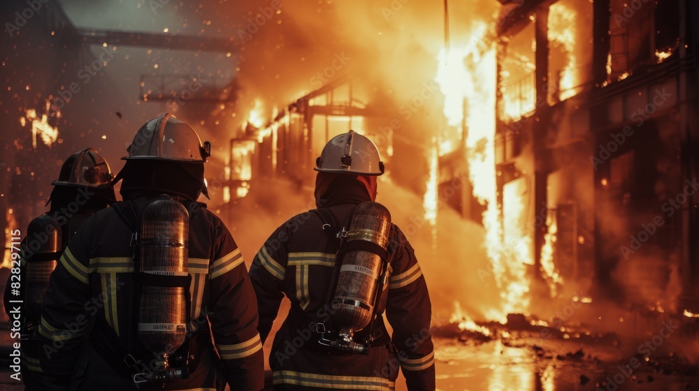 A group of firefighters helped stop the fire. Fire in the Industrial Factory . Rescue ,Teamwork concept A group of firefighters helped stop the fire. Fire in the Industrial Factory . Rescue ,Teamwork concept