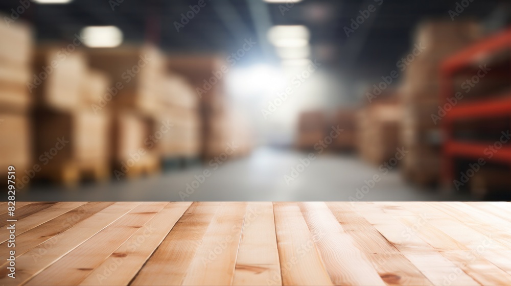 A wooden table top with blur background of warehouse storage. A wooden table top with blur background of warehouse storage.