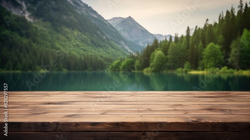 A wooden table top with blur background of summer lakes mountain.