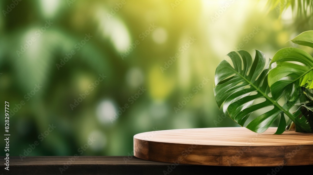 A Wood podium table top outdoors blur green monstera tropical forest plant nature A Wood podium table top outdoors blur green monstera tropical forest plant nature