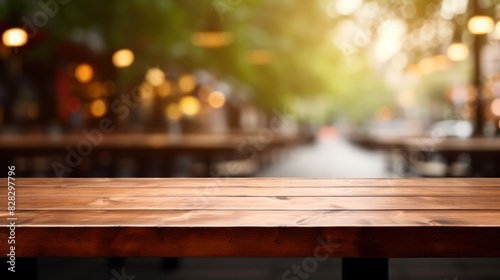 A Wooden table blurred background of restaurant of cafe with bokeh