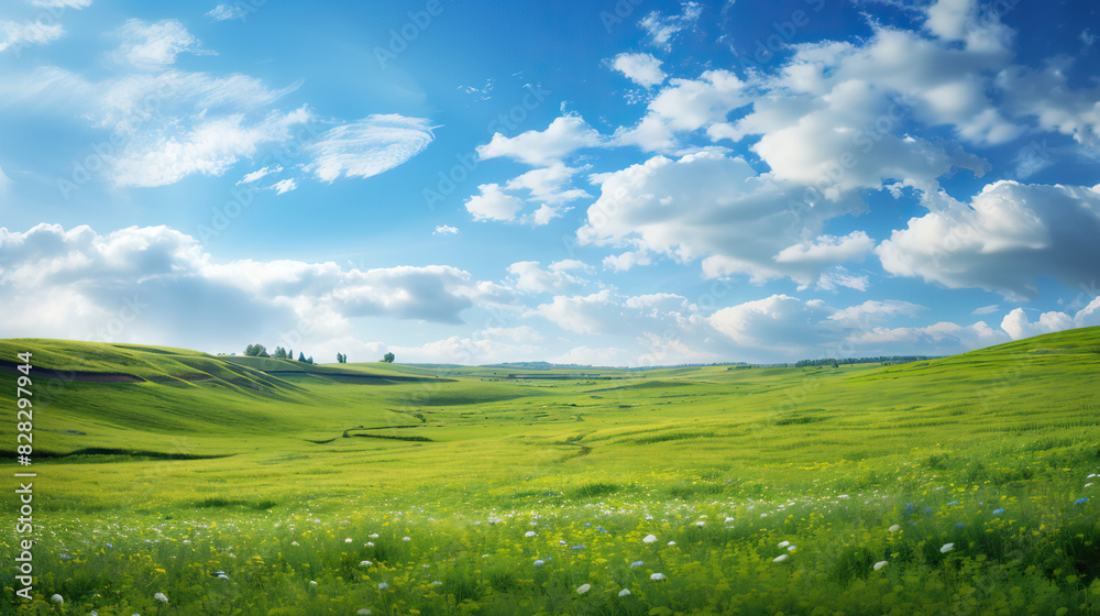 Fototapeta premium Sunny Green Field Background: Blue Sky Radiant Bliss