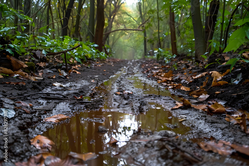 A forest path mired in mud, strewn with abundant leaves, and punctuated by a water-filled puddle photo