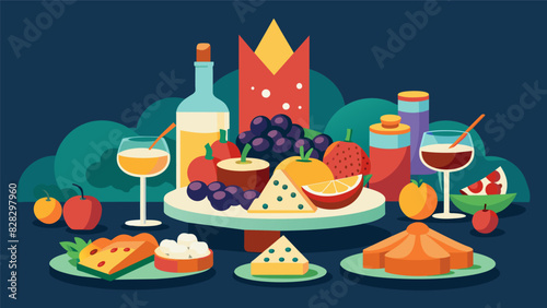 Dine in style with a luxurious snack experience featuring a variety of gourmet fruits and internationally sourced cheeses.. Vector illustration