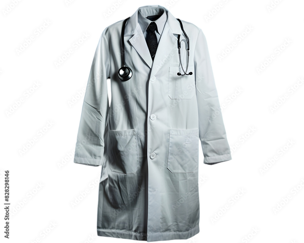 Doctor's white coat with a stethoscope on neck isolated on white Doctor's white coat with a stethoscope on neck isolated on white