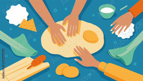Closeup of hands rolling dough as participants learn to make their own authentic Italian pasta during an interactive cooking and snacking class.. Vector illustration