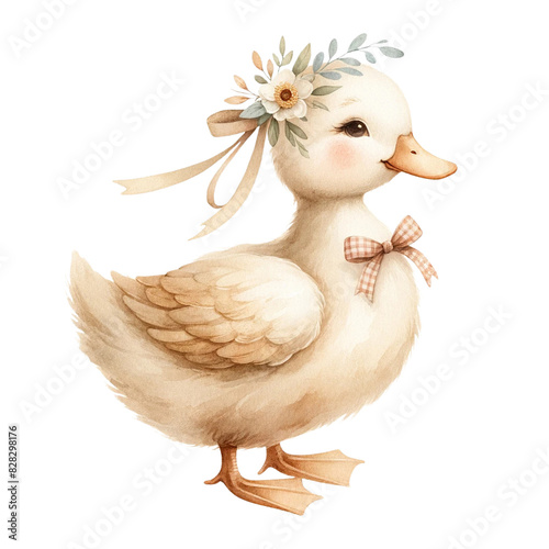 Adorable illustration of a cute duck wearing floral headband and ribbon, perfect for children's designs and nursery decor.