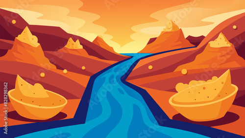 A raging river of hummus ting through a rocky canyon of pita chips and carrot sticks.. Vector illustration