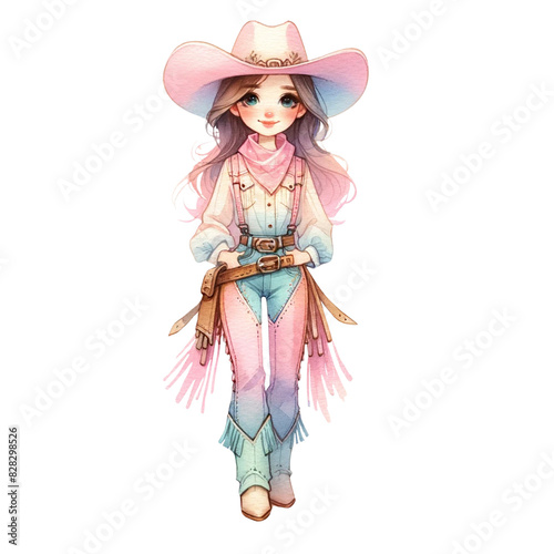 Wallpaper Mural Cute illustration of a girl dressed in a colorful cowgirl costume, complete with hat and boots, perfect for themed artwork or children's stories. Torontodigital.ca