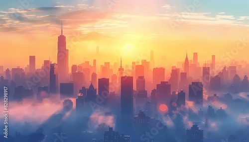 Imagine a flat design of a city skyline shrouded in smog