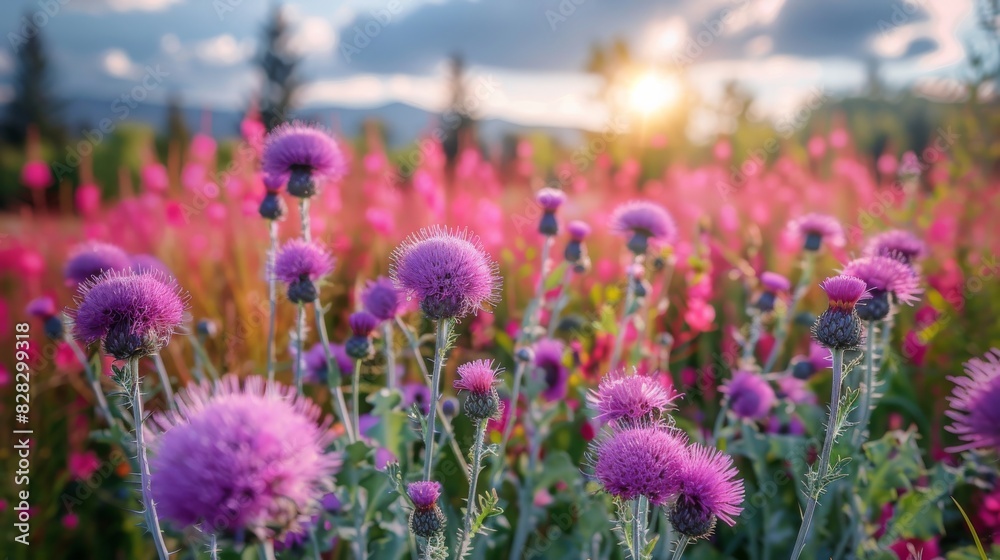 Obraz premium Stunning scenes of thistle blooming, Expansive natural garden brimming with diverse range of thistle in full bloom, conditions, tranquil and rejuvenating atmosphere. Generative AI.