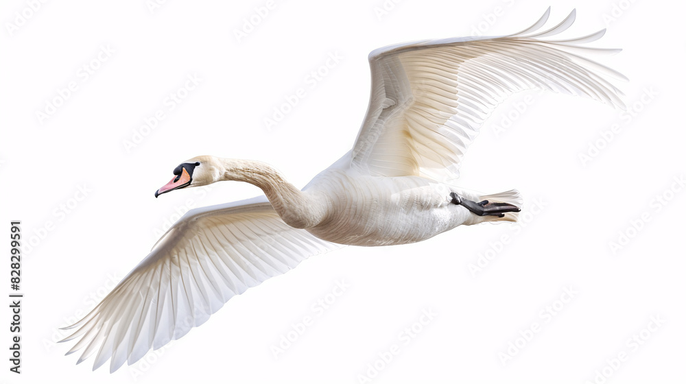Mute swan in flight on white background. Beautiful mute swan with white feathers and orange beak isolated on white background, graceful bird in flight.