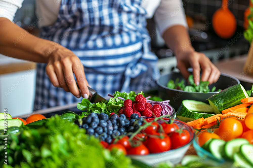 A person preparing a colorful salad with fresh vegetables and fruits in a kitchen. The vibrant ingredients and healthy preparation highlight the joy of creating nutritious meals A person preparing a colorful salad with fresh vegetables and fruits in a kitchen. The vibrant ingredients and healthy preparation highlight the joy of creating nutritious meals
