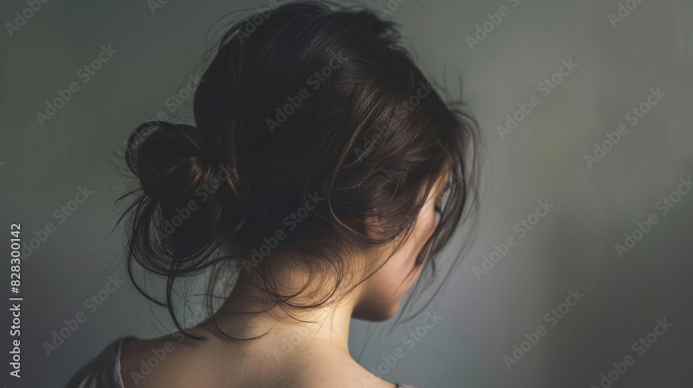 Woman with hair in a loose bun. A woman seen from behind with her hair styled in a loose, casual bun. Woman with hair in a loose bun. A woman seen from behind with her hair styled in a loose, casual bun.
