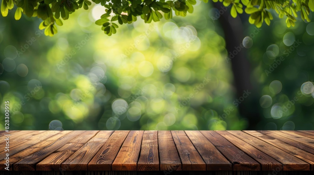Design a minimalistic blank mock up featuring a wooden tabletop against a blurred green outdoor background, perfect for advertising eco-friendly products Design a minimalistic blank mock up featuring a wooden tabletop against a blurred green outdoor background, perfect for advertising eco-friendly products