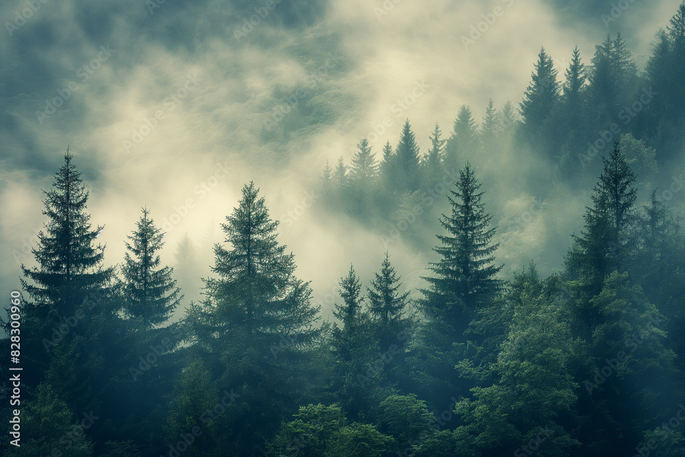 Fog in the misty mountains landscape with fir forest in hipster vintage retro style