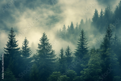 Fog in the misty mountains landscape with fir forest in hipster vintage retro style