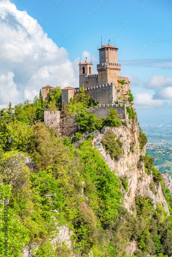 San Marino city view. Fortress on the rock. San Marino landmark. Italy. San Marino city view. Fortress on the rock. San Marino landmark. Italy.