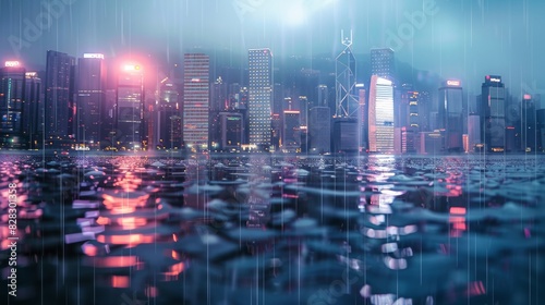 Rainy skyline of a modern city with skyscrapers on isolate color background. Generative AI.