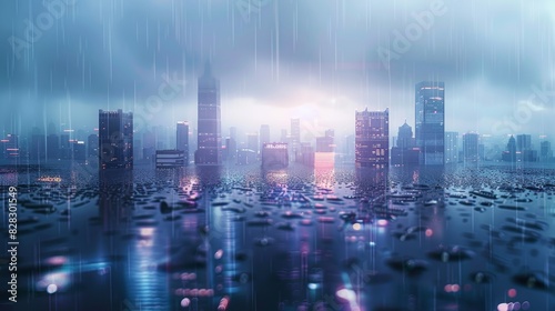 Rainy skyline of a modern city with skyscrapers on isolate color background. Generative AI.