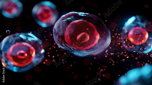 Close-up view of red blood cells under a microscope with glowing effect. High-resolution stock photo for scientific and medical purposes. photo
