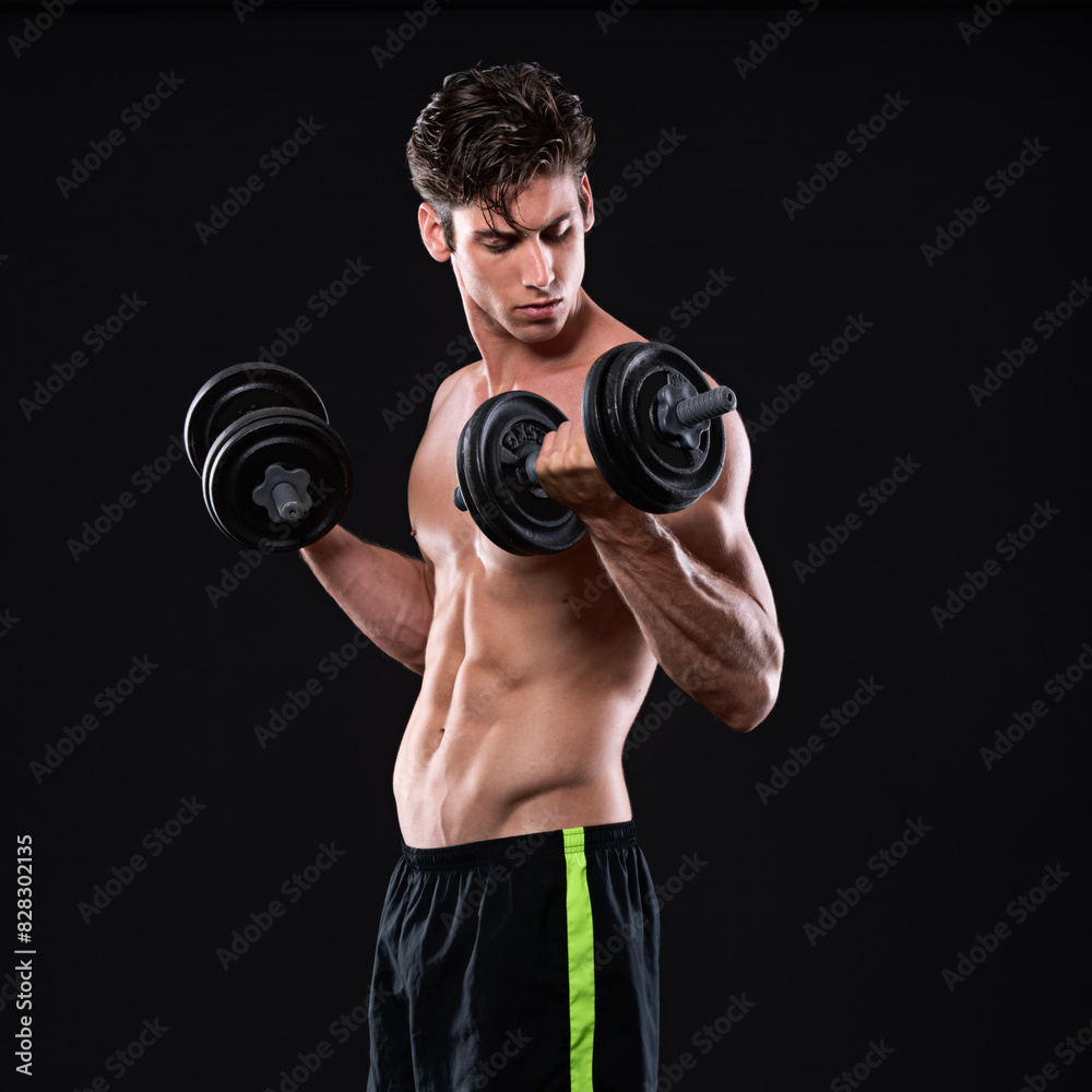 Body, dumbbell and workout with sports man in studio isolated on black background for health or wellness. Exercise, muscle or weight training with shirtless and strong athlete in dark for fitness Body, dumbbell and workout with sports man in studio isolated on black background for health or wellness. Exercise, muscle or weight training with shirtless and strong athlete in dark for fitness