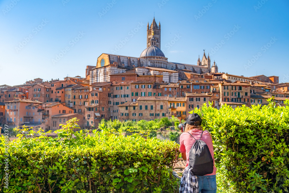 Fototapeta premium Siena, medieval town in Tuscany, with view of the Dome & Bell Tower of Siena Cathedral, Mangia Tower and Basilica of San Domenico, Italy