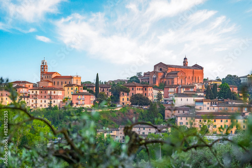 Siena  medieval town in Tuscany  with view of the Dome   Bell Tower of Siena Cathedral   Mangia Tower and Basilica of San Domenico  Italy