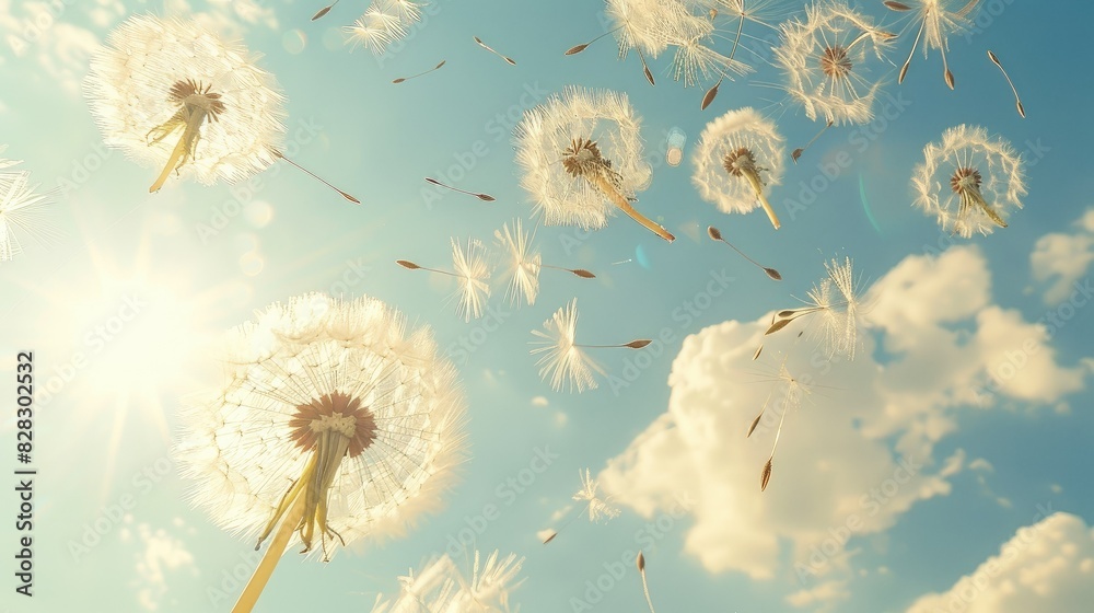 Naklejka premium Delicate dandelion seeds dancing in the breeze against a bright spring sky