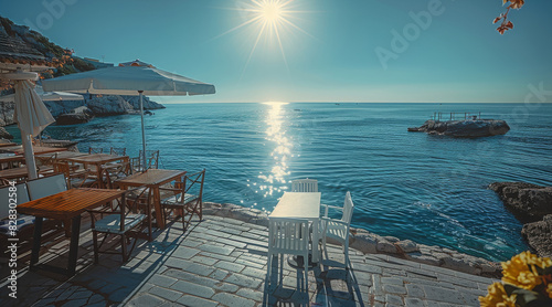 The sun rising high. Enjoy the blue sea  blue sky  and lunch at a seaside cafe. Generative AI.