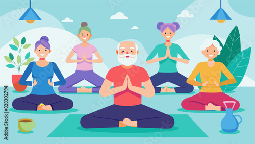 Curious seniors trying out yoga for the first time in a beginners class discovering the many benefits for body and mind.. Vector illustration