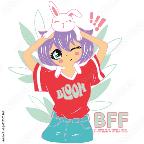 bff, Cute girl with purple hair and red t-shirt is having fun with her white rabbit