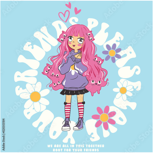 girls and cats, cute girl with cats playing in her pink long hair