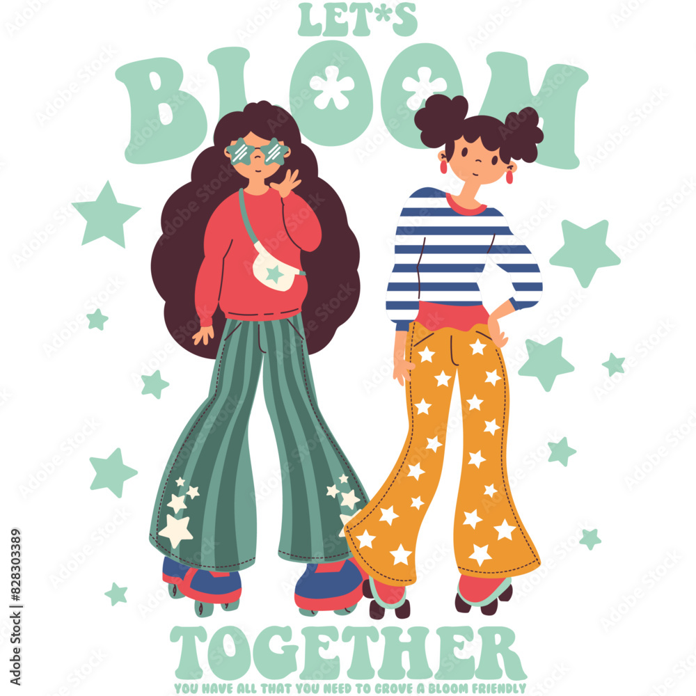 let's bloom together, Two close friends emphasize the importance of growing up together with their trendy clothes and cool skates let's bloom together, Two close friends emphasize the importance of growing up together with their trendy clothes and cool skates