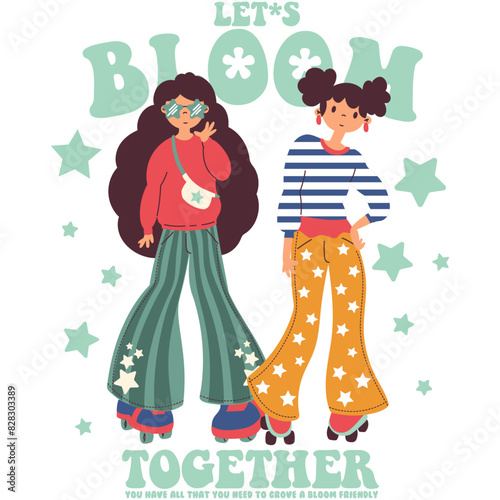 let's bloom together, Two close friends emphasize the importance of growing up together with their trendy clothes and cool skates