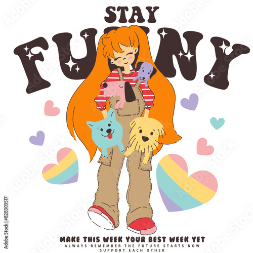 Stay Funny, Animal lover girl with long orange hair hugs cute dogs to show her love
