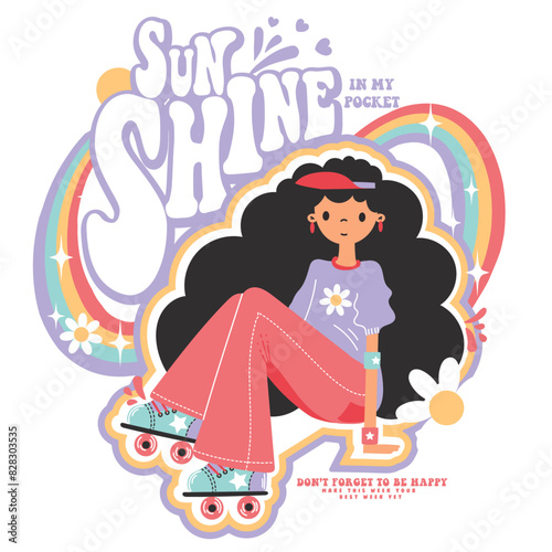 sunshine, skater girl is sitting under the rainbow and smiling, her blue skates are so cool