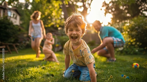 Happy family is playing together in the yard