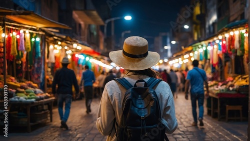 Back view Woman with backpack and hat walking down exotic market street, surrounded by vibrant stalls and lights. Concept travel tourism trip in bazaar Arab country or Egypt.