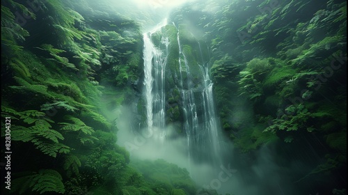 Enchanted green jungle canyon, waterfall, sky view. Generative AI. © visoot