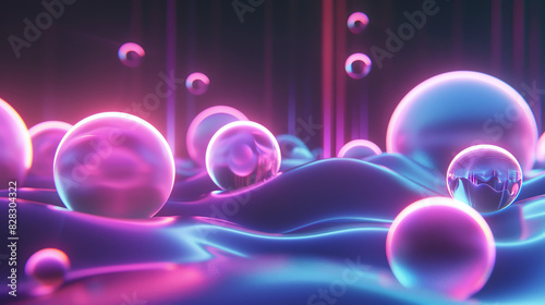 Several glass spheres on a surface that appears to be a circuit board. The spheres and the surface are illuminated by bright multicolored lights.  