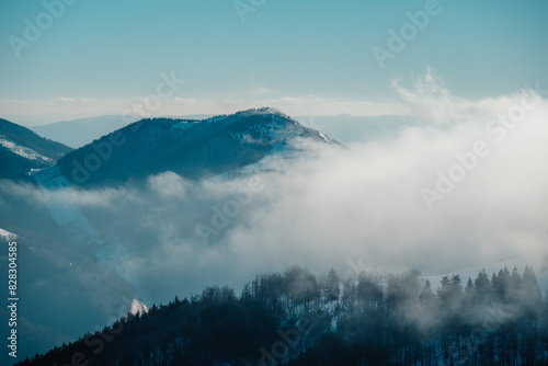 Alpine mountains landscape with white snow and blue sky. Sunset winter in nature. Frosty trees under warm sunlight. Wintry landscape. Donovaly, Low tatras © alexanderuhrin