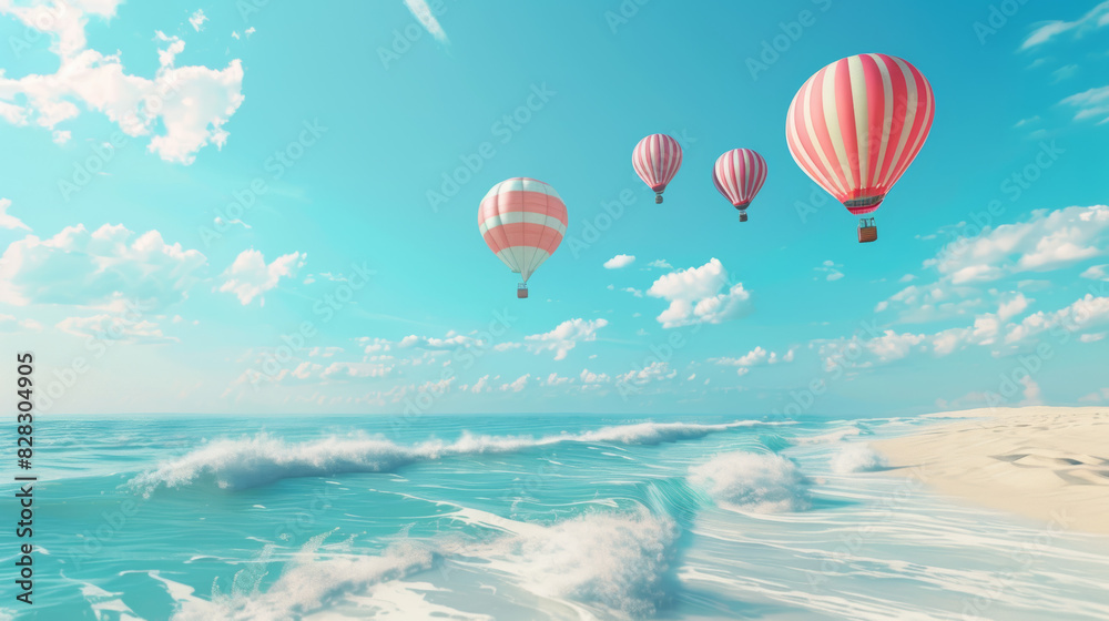 Fototapeta premium A group of hot air balloons are flying over the ocean