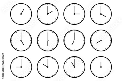 Set of clocks for every hour. Set of watches with different times. Clock isolated on white background. Clock icon isolated. Vector illustration