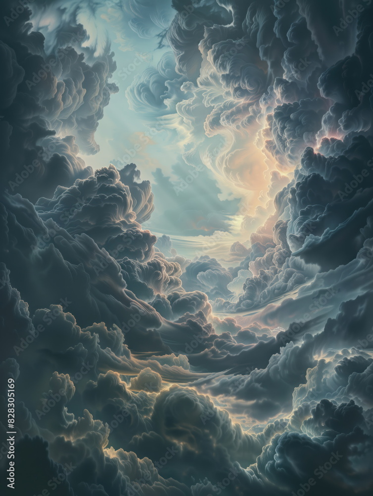 abstract surrealism, a view of the sky from above, dark grey clouds with white fluffy and swirling patterns in an arch shape