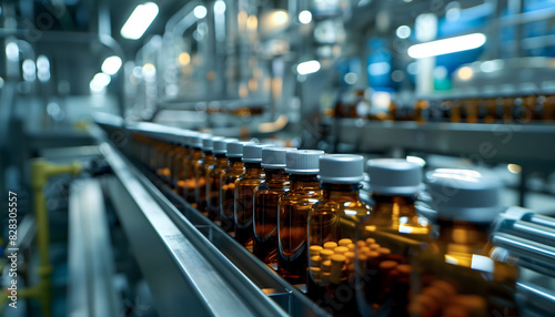 A factory for the production of tablets. Medicines in transparent bottles