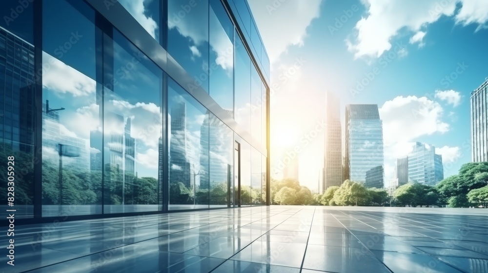 Modern office building or business center. High-rise window buildings made of glass reflect the clouds and the sunlight. empty street outside  wall modernity civilization. growing up business