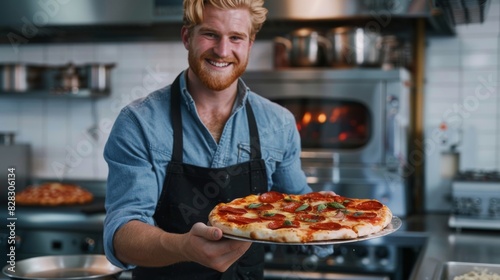 The chef holding pizza