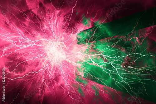 Subtle flag backdrop with a bright pink and emerald abstract lightning explosion.