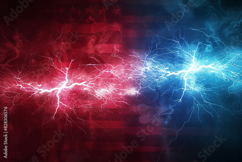Red and blue abstract lightning against a backdrop with patriotic elements.